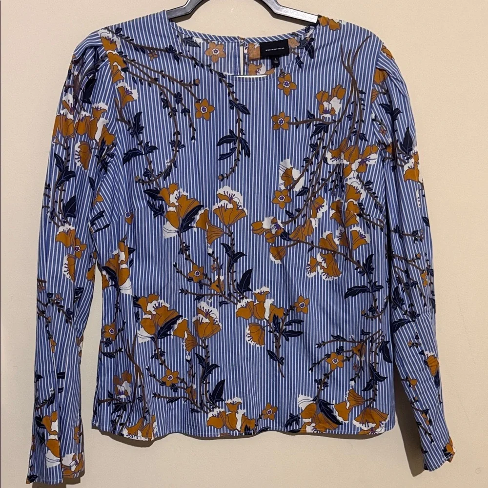 Who What Wear Blue Striped Floral Long-Sleeve Top